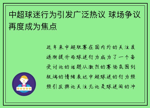 中超球迷行为引发广泛热议 球场争议再度成为焦点