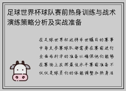 足球世界杯球队赛前热身训练与战术演练策略分析及实战准备