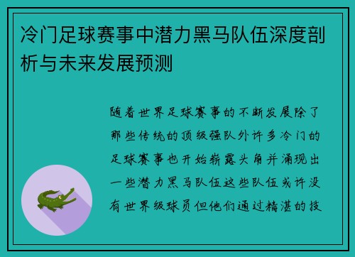 冷门足球赛事中潜力黑马队伍深度剖析与未来发展预测