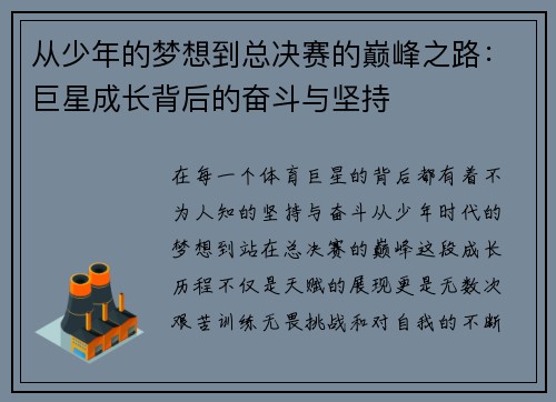 从少年的梦想到总决赛的巅峰之路：巨星成长背后的奋斗与坚持