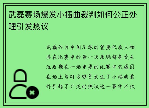 武磊赛场爆发小插曲裁判如何公正处理引发热议